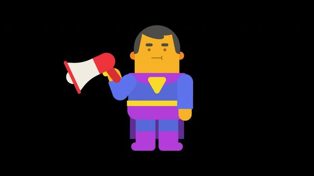 Superhero speaks into megaphone. Alpha channel. Looped animation. Character animation