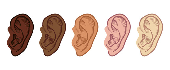 Set of Hand Drawn Ear Sketch Symbol with different skin color. Vector Listen Element In doodle Style isoleted on white.
