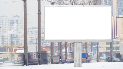 Billboard mockup outdoors winter snow. Outdoor advertising poster for advertisement city street. With clipping path on screen.