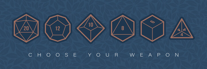 Vector line dice set. 20, 12, 10, 8, 6 and 4 sided. Board games.