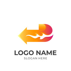 arrow fire logo, arrow and fire, combination logo with 3d orange color style