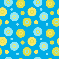 Seamless pattern geometric shapes circles in blue, light yellow and light green colors on blue background, vector illustration