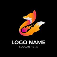 fox fire logo, fox and fire, combination logo with 3d red and orange color style