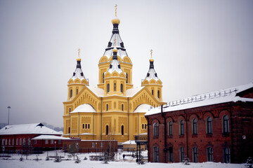 Nizhny Novgorod, Russia. January 5, 2021: Alexander Nevsky Cathedral in Nizhny Novgorod in winter, Russia.