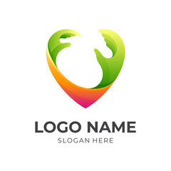 love care logo, love and hand, combination logo with 3d green and orange color style