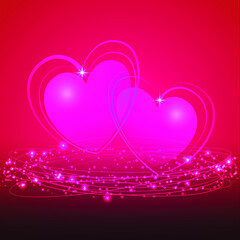 Happy Valentine's Day. Abstract hearts on the background of neon lights rotating in a circle with glare reflection. Postcard for the holiday.