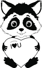 Happy Valentine's Day with raccoon holding a Heart Love. Animal character for congratulation with wedding, birthday card and poster. Raccoon vector illustration in cartoon style. Isolated clipart