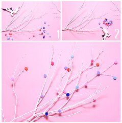 Step by step instruction. Making of a white tree with colored pompons for Valentine's day or Easter. DIY concept. Decoration home. 