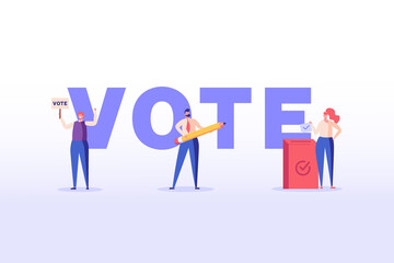 Election Campaign. People Voting with Vote Box and Calling for Vote. Concept of Election Day, Making Choice, Balloting Paper, Democracy. Vector illustration for Web Design and Background