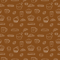 Seamless pattern of French buns and cakes, vector illustration, hand drawing, brown