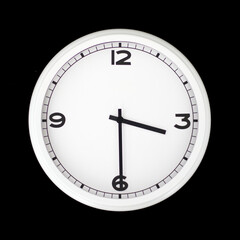 White round analog wall clock isolated on black background.