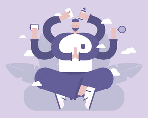Obraz premium A man meditate and thinking about work. Multitasking and concentration. Vector illustration for telework, remote working and freelancing, business, start up, social media and blog 