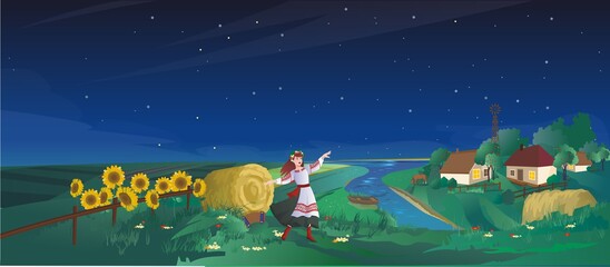 Rural landscape - a rural girl is dancing near the sunflowers. Straw and cottages by the river with a boat. Vector illustration