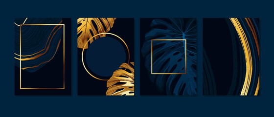 Set of elegant brochure, card, background, cover. Blue and golden marble texture. Geometric frame.