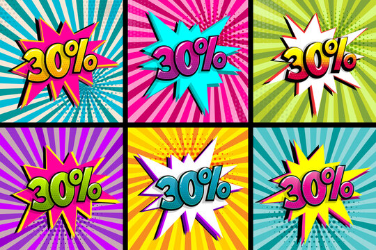 Comic text 30 percent sale set discount. Colored speech bubble on radial background. Comics book explosion wow boom offer collection. Halftone radial vintage backdrop. Promo sale thirty percent poster
