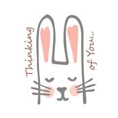 Vector Romantic sticker for Valentines Day. Cartoon rabbit in love, dreaming bunny with hearts ears. Sweet and lovely illustration. Sweetheart template design