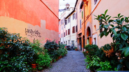 Cozy old street in Trastevere in Rome, Italy.