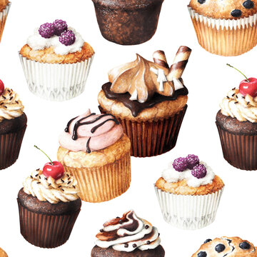 Sketch of muffins beautiful and delicious pastries Cake pattern White background