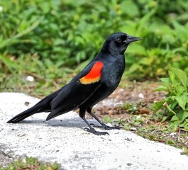 A male Red-winged blackbird standing on rock showing it's red badge with a green grass background. Agelaius phoeniceus.