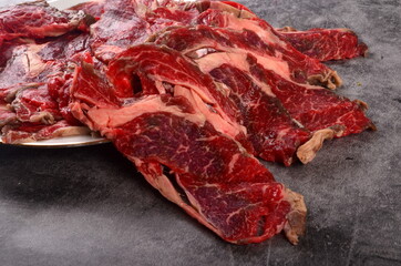 Obraz premium Thinly cut raw meat slices on a white plate, gray background