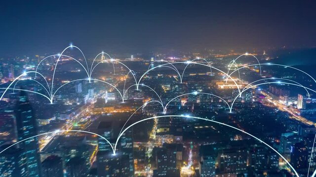 smart Connected city skyline. Futuristic network concept, city Technology.