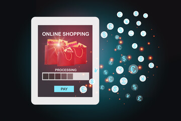 Online payment money transfer using computer tablet for online shopping business e-commerce. Innovation and digital economy concept and financial technology currency symbol idea