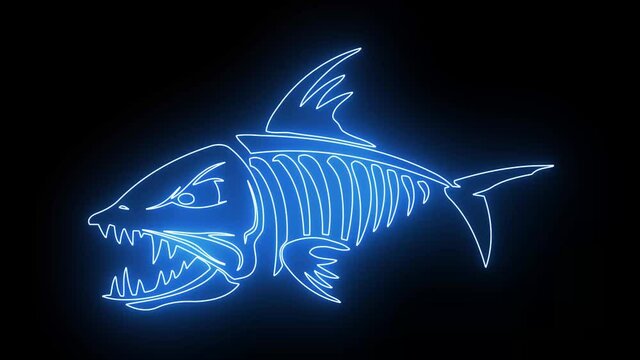 Glowing neon line Fish skeleton icon isolated on black background. Fish bone sign. Fish bone animated cartoon icon on black screen background. 4K Video motion graphic animation.