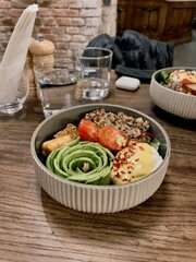 bowl with salmon and poached egg