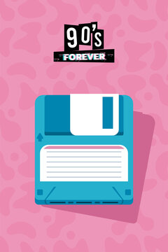 90s forever lettering with flopy disk in pink background