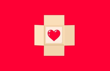 Valentines day gift background. Open brown cardboard shipping box with red heart icon inside. Love present and gifting concept.