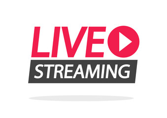 Obraz premium Live streaming icon or broadcasting now online video label vector sticker, concept of live stream show sign isolated