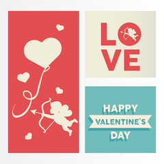 happy valentines day lettering card with cupid angel and heart floating