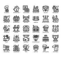 Set of Birthday Party thin line and pixel perfect icons for any web and app project.