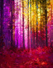 Illustratie kleurrijke herfst bos. Abstract beeld van herfstseizoen, geel en rood blad op boom, buitenlandschap. Natuur schilderen met olieverf. Moderne kunst voor behangachtergrond