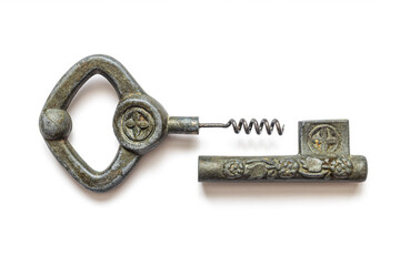 An old corkscrew with a helical metal rod, made in the form of a key
