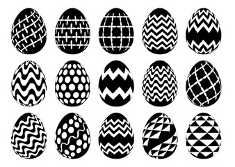 Happy Easter collection. Bundle of black and white Easter eggs with different geometric ornament isolated on white background. Vector Illustration.