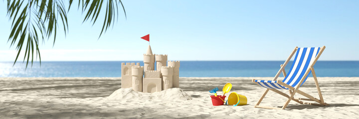 Sandspielzeug mit Sandburg am Strand im Karibik Urlaub - obrazy, fototapety, plakaty