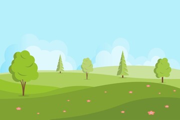 Spring or summer landscape with hills and trees. Vector nature landscape background. Illustration in cartoon style.