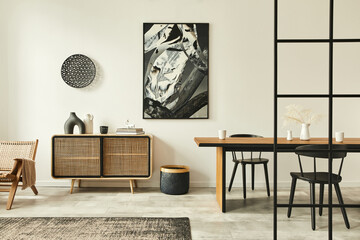 Stylish scandinavian living room interior of modern apartment with wooden commode, design table, chairs, carpet, abstract paintings on the wall and personal accessories in unique home decor. Template. - Powered by Adobe