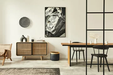 Foto op Plexiglas Stylish scandinavian living room interior of modern apartment with wooden commode, design table, chairs, carpet, abstract paintings on the wall and personal accessories in unique home decor. Template. © FollowTheFlow