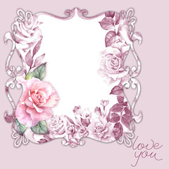 love card with openwork flowers frame.watercolor