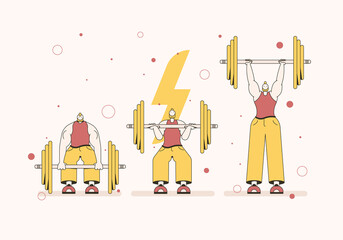 Bodybuilder lifts the bar. Man in Gym. Vector illustration for sport and activity contents, blog, vlog, telework, remote working and freelancing, business, start up and social media