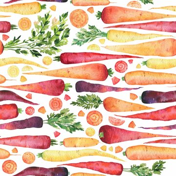Watercolor seamless carrots pattern on white. Colorfull bright summer seamless background for textile, wallpapers, print and banners. 