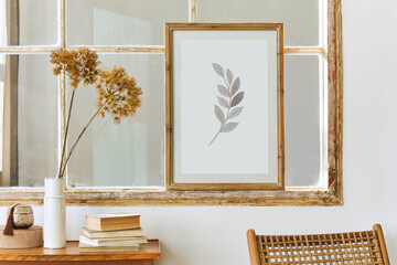 Unique living room in modern style interior with design decoration, mock up poster frames on the old window, book and elegant pesronal accessories in home decor. Template.