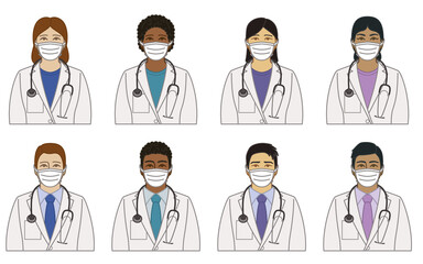 diversity, race, ethnicity of doctor, female and male wearing protective medical mask as concept of essential worker for 2019 novel coronavirus, COVID-19, isolated on white background