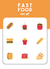 bundle of nine street fast food set icons and lettering