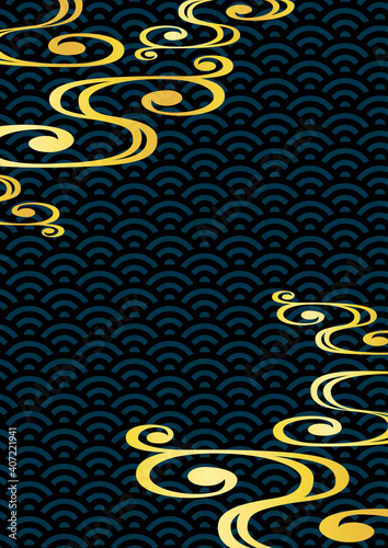 流水紋と青海波の和風背景 黒 Wall Mural Wallpaper Murals メガネ