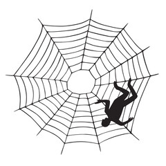 Man caught and stuck in spider web. Human trap concept. Vector illustration
