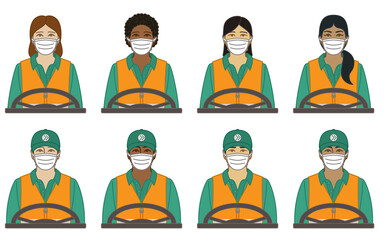 diversity, race, ethnicity of transport driver, female and male wearing protective medical mask as concept of essential worker for 2019 novel coronavirus, COVID-19, isolated on white background