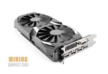 Computer graphic card with two fans. Video card with two coolers from the computer. GPU card. IT hardware. Crypto currency mining rig with graphics cards. Mining ethereum, bitcoin and altcoins. 